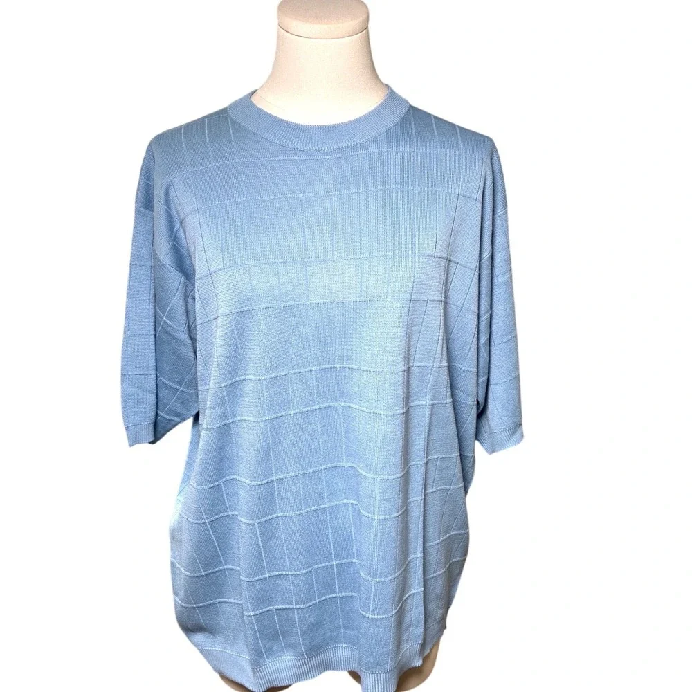 Silk Cotton Textured Grid Knit Short Sleeve Sweater Light Blue Anthology Men L